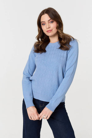 Blue | Textured Knitted Long Sleeve Jumper: Model is 5'9