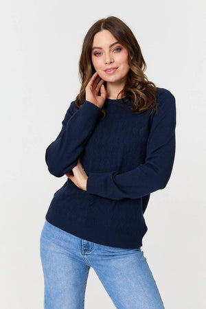 Navy | Textured Knitted Long Sleeve Jumper : Model is 5'9