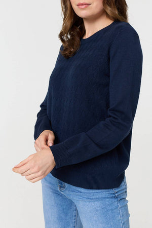 Navy | Textured Knitted Long Sleeve Jumper
