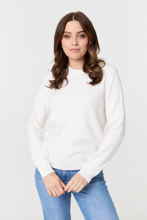 White | Textured Knitted Long Sleeve Jumper : Model is 5'9