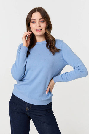 Blue | Textured  Soft Knit Long Sleeve Jumper : Model is 5'9