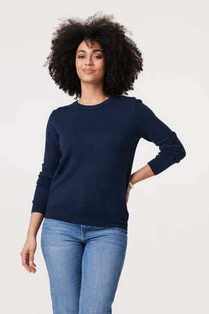 Navy | Textured  Soft Knit Long Sleeve Jumper : Model is 5'9