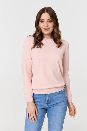 Pink | Textured  Soft Knit Long Sleeve Jumper : Model is 5'9