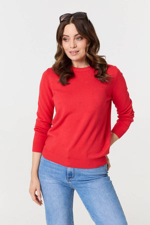 Red | Textured  Soft Knit Long Sleeve Jumper : Model is 5'9