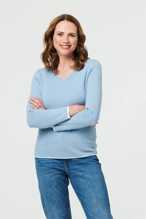 Blue | Contrast Trim V-Neck Knit Top
