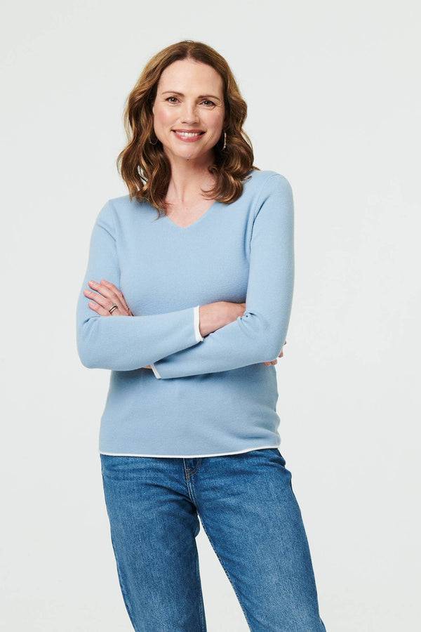 Blue | Contrast Trim V-Neck Knit Top
