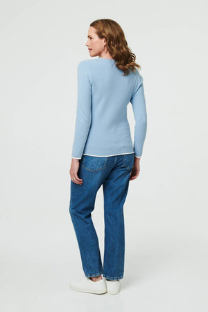 Blue | Contrast Trim V-Neck Knit Top
