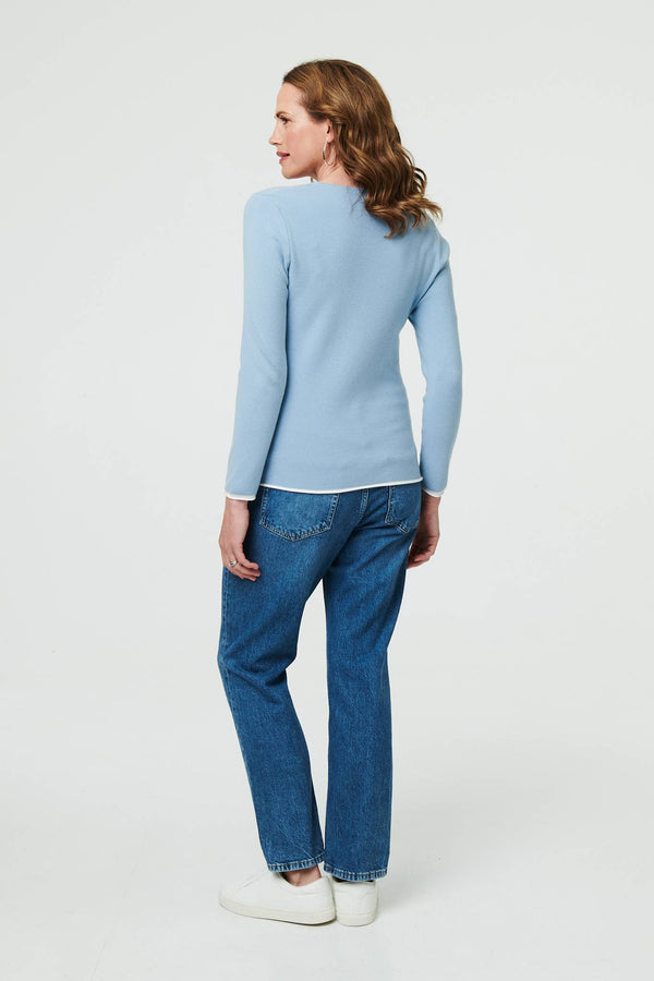 Blue | Contrast Trim V-Neck Knit Top
