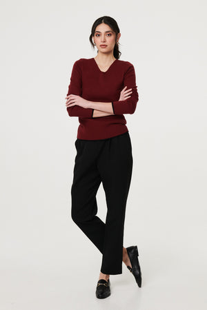 Red | Contrast Trim V-Neck Knit Top
