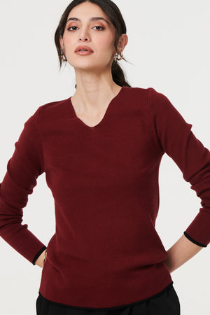 Red | Contrast Trim V-Neck Knit Top
