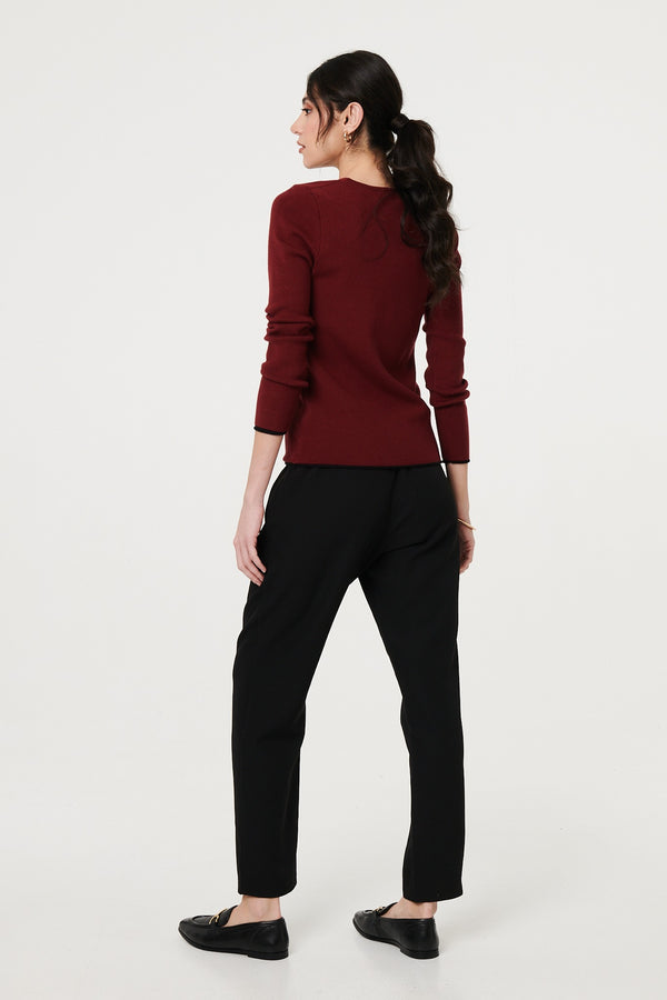 Red | Contrast Trim V-Neck Knit Top
