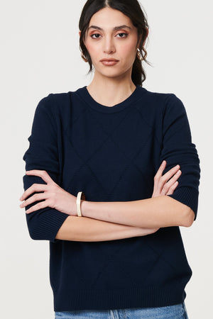 Navy | Slim Fit Textured Knit Jumper : Model is 5'11