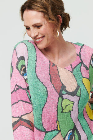 Pink | Abstract Long Sleeve Textured Top
