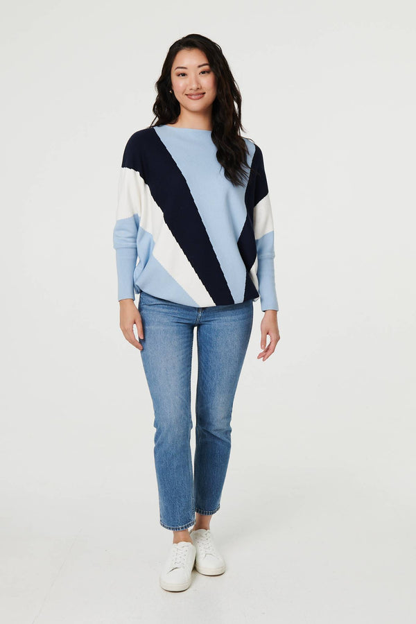 Blue | Colour Block Print Batwing Sleeve Jumper
