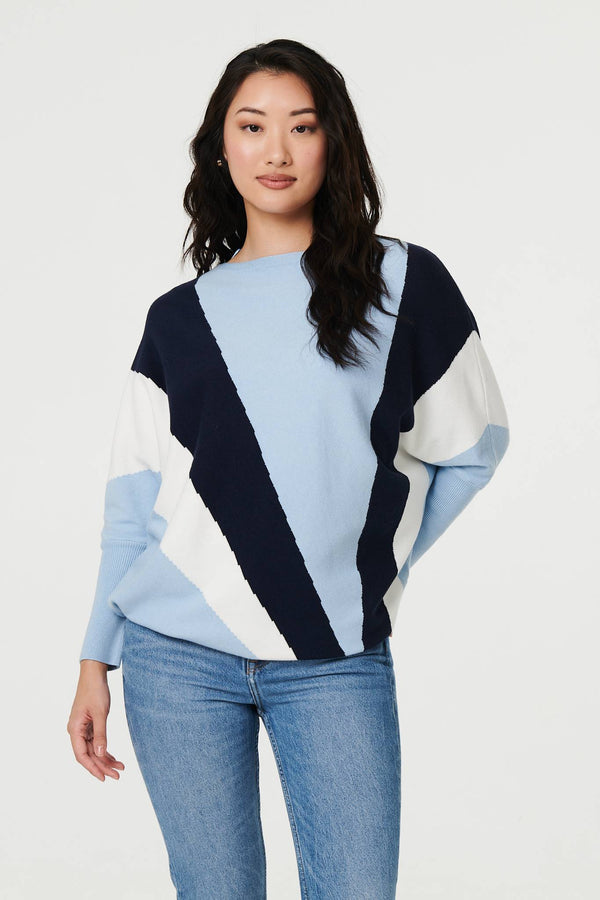 Blue | Colour Block Print Batwing Sleeve Jumper
