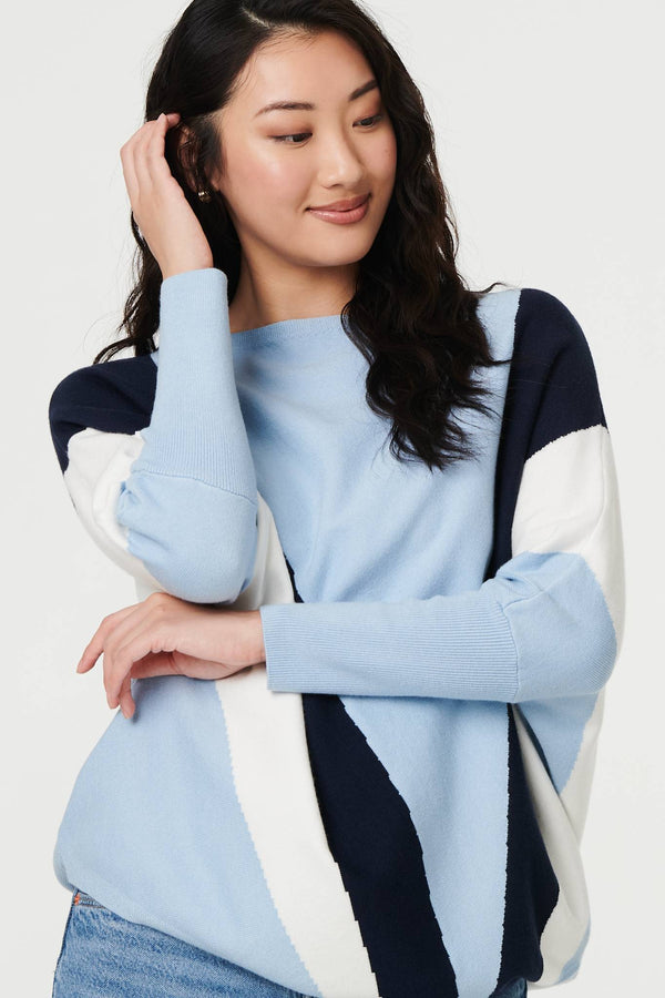Blue | Colour Block Print Batwing Sleeve Jumper
