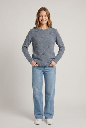 Blue | Floral Stitch Detail Relaxed Jumper