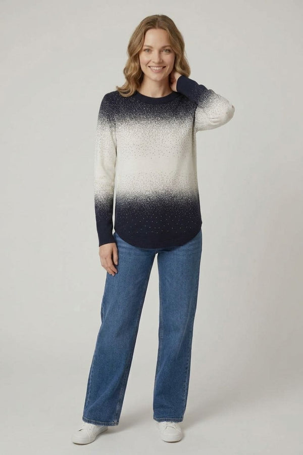 Navy | Printed Long Sleeve Curve Hem Top