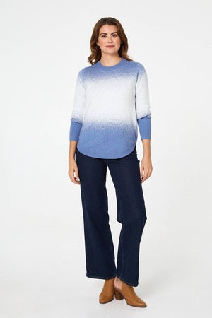 Blue | Printed Long Sleeve Curve Hem Top

