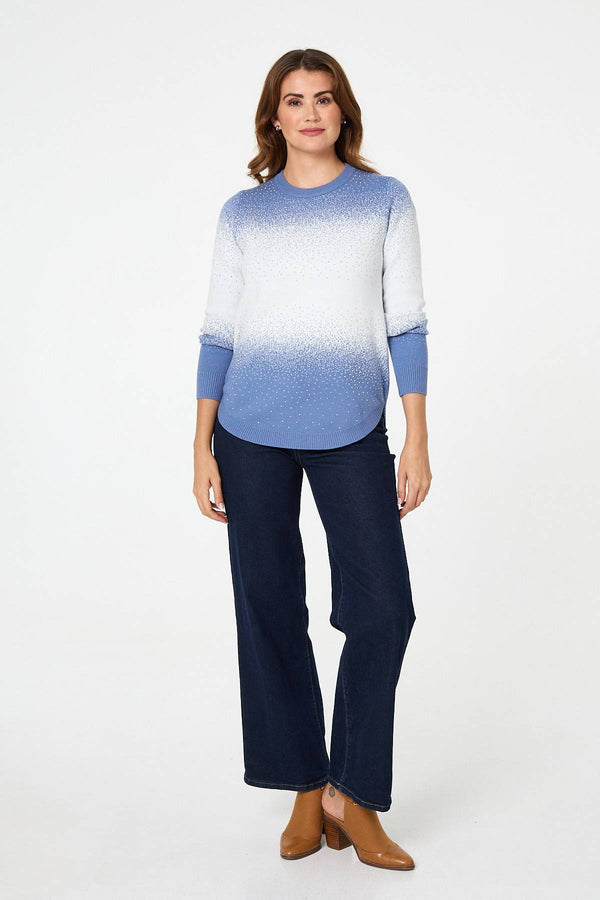 Blue | Printed Long Sleeve Curve Hem Top

