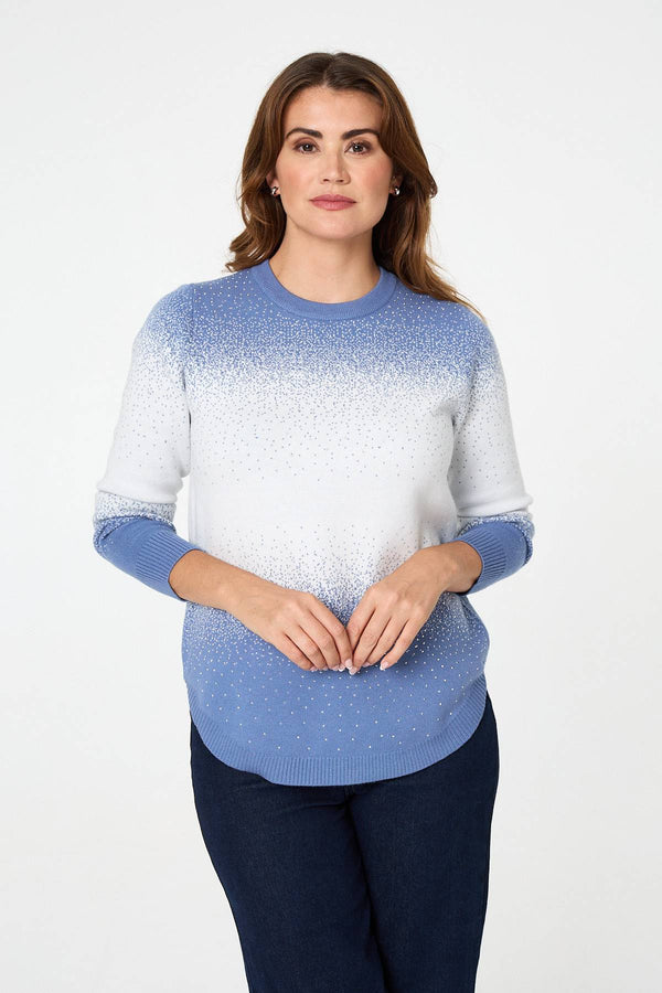 Blue | Printed Long Sleeve Curve Hem Top
