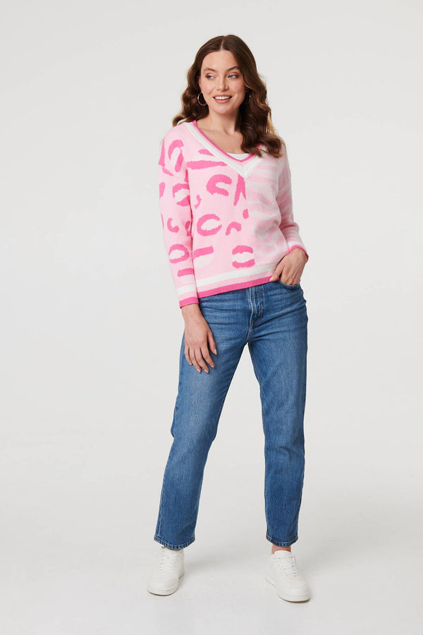Pink | Animal Print Long Sleeve V-Neck Jumper
