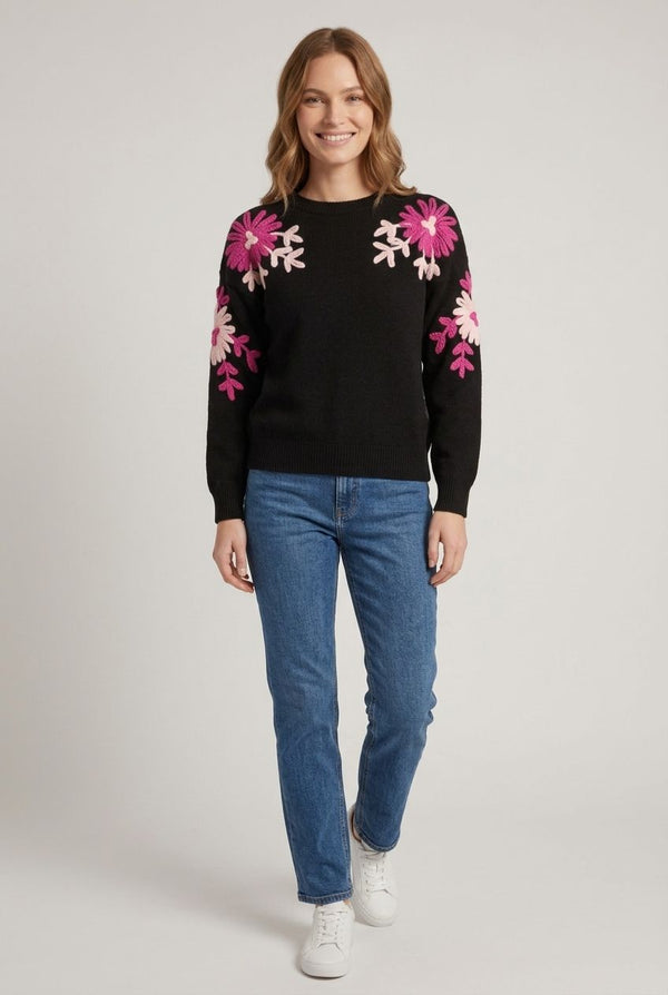 Black | Floral Embroidered Sleeve Jumper