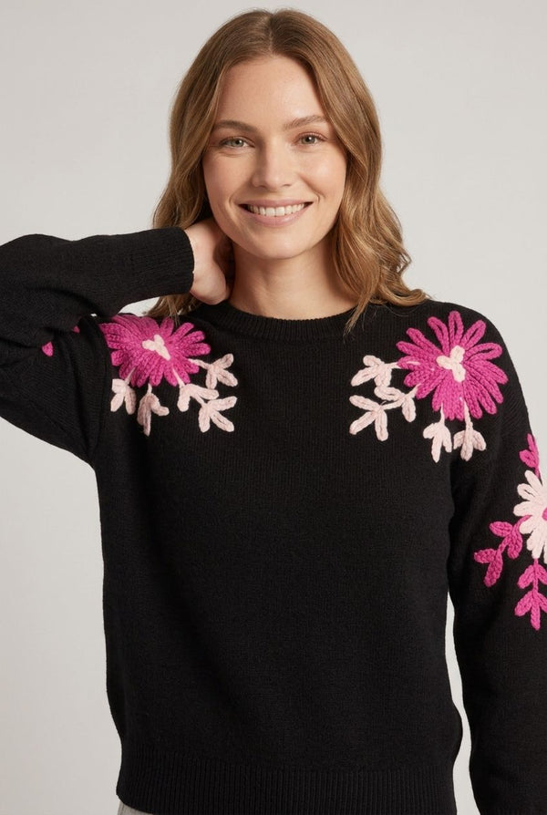 Black | Floral Embroidered Sleeve Jumper
