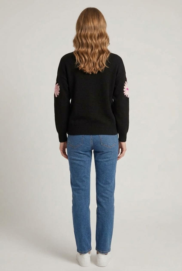 Black | Floral Embroidered Sleeve Jumper