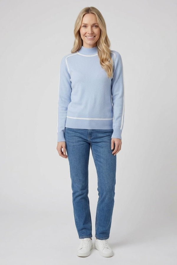 Blue | Stitch Trim High Neck Jumper