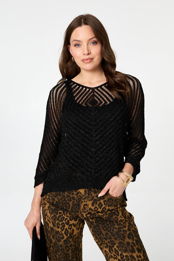 Black | Sparkly Sheer Mesh 3/4 Sleeve Top : Model is 5'9"/175 cm and wears UK8/EU36/US4/AUS8