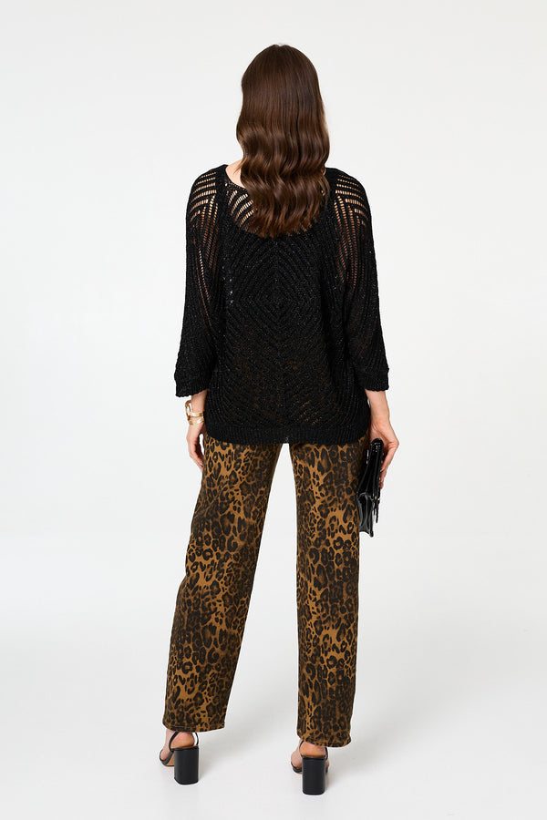 Black | Sparkly Sheer Mesh 3/4 Sleeve Top