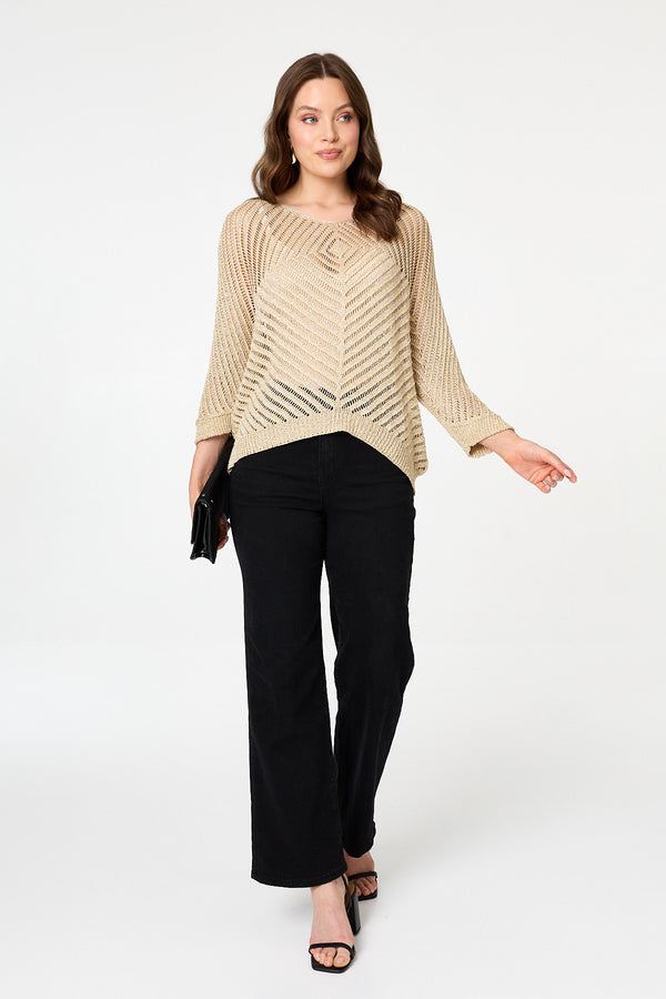 Gold | Sparkly Sheer Mesh 3/4 Sleeve Top