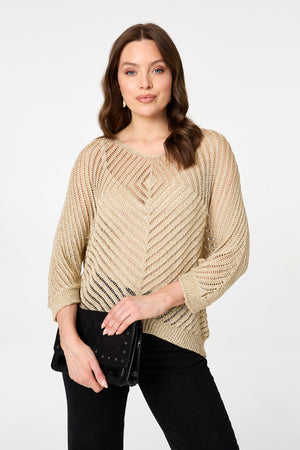 Gold | Sparkly Sheer Mesh 3/4 Sleeve Top : Model is 5'9
