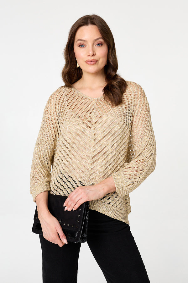 Gold | Sparkly Sheer Mesh 3/4 Sleeve Top : Model is 5'9"/175 cm and wears UK8/EU36/US4/AUS8