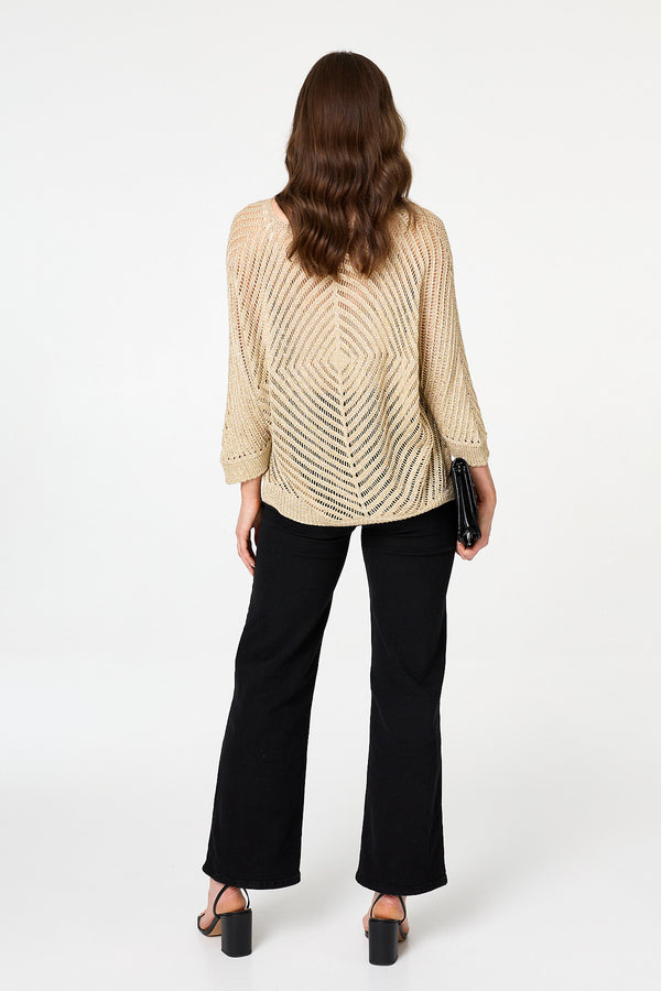 Gold | Sparkly Sheer Mesh 3/4 Sleeve Top