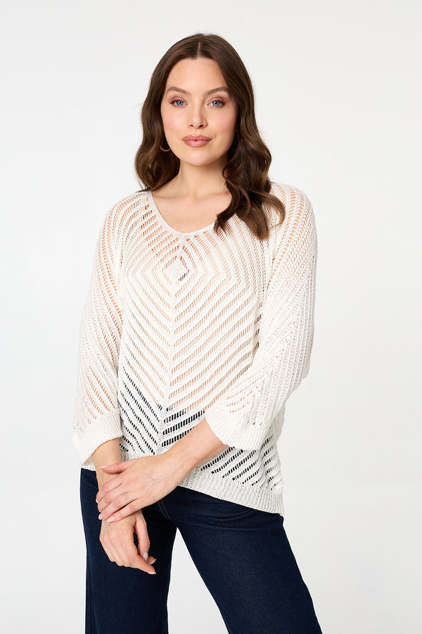 White | Sparkly Sheer Mesh 3/4 Sleeve Top