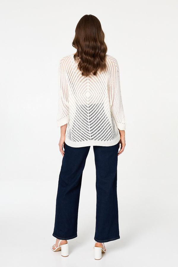 White | Sparkly Sheer Mesh 3/4 Sleeve Top