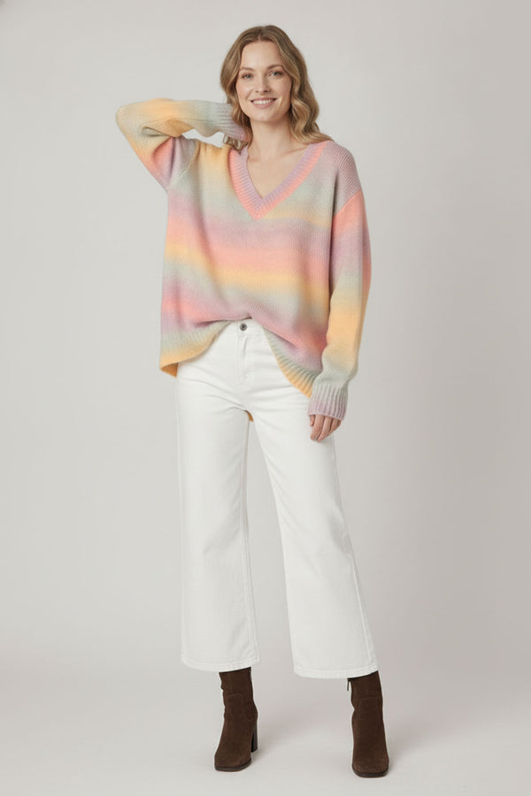 Yellow | Striped Drop Shoulder V-Neck Jumper