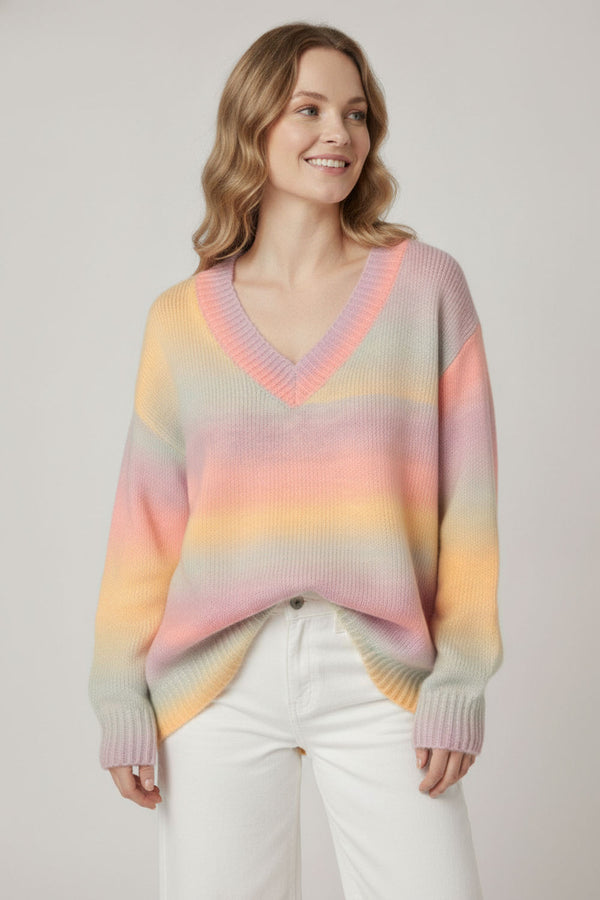 Yellow | Striped Drop Shoulder V-Neck Jumper