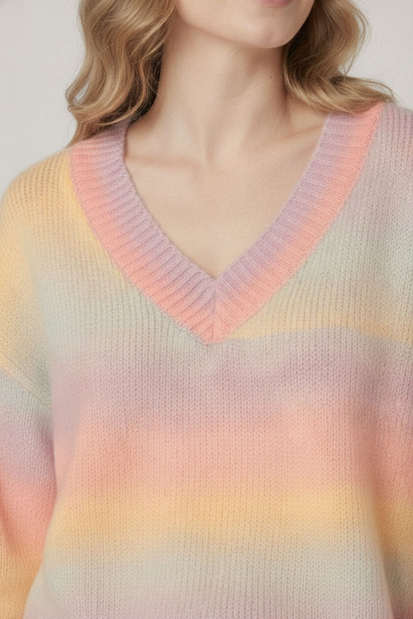 Yellow | Striped Drop Shoulder V-Neck Jumper