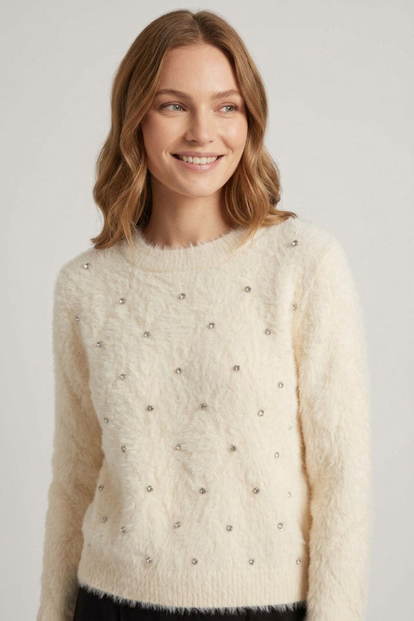 Cream | Pearl Embellished Soft Texture Jumper