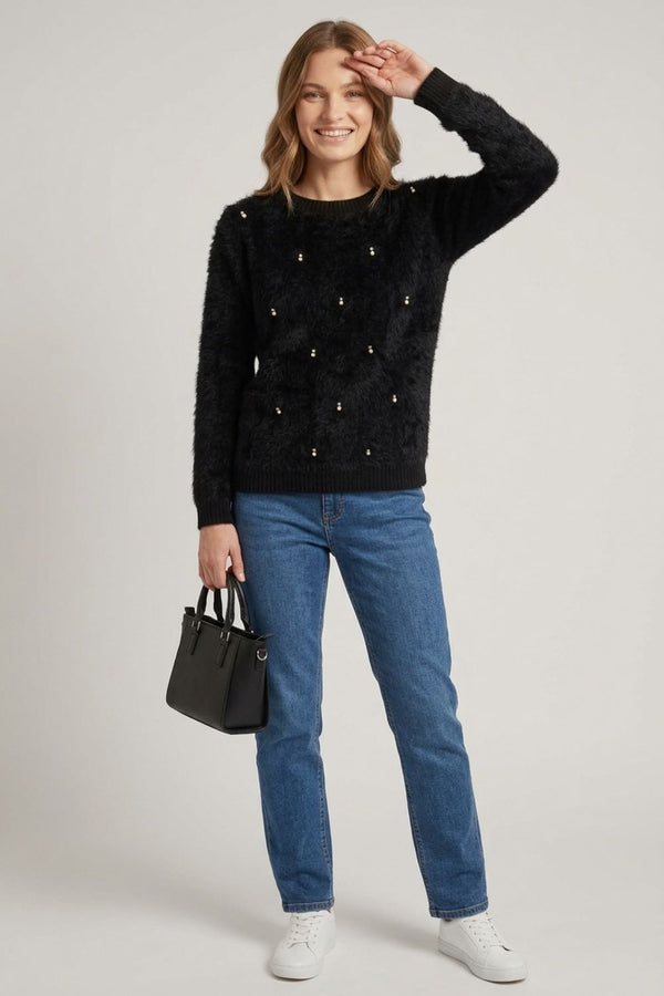 Black | Pearl Embellished Soft Textured Jumper