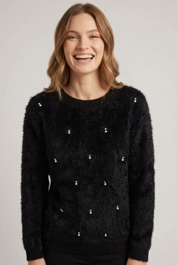 Black | Pearl Embellished Soft Textured Jumper