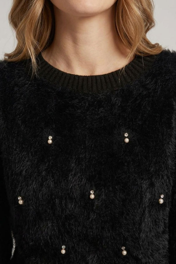 Black | Pearl Embellished Soft Textured Jumper