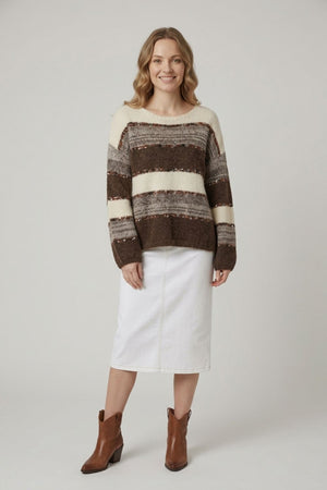 Brown | Striped Texture Drop Shoulder Jumper