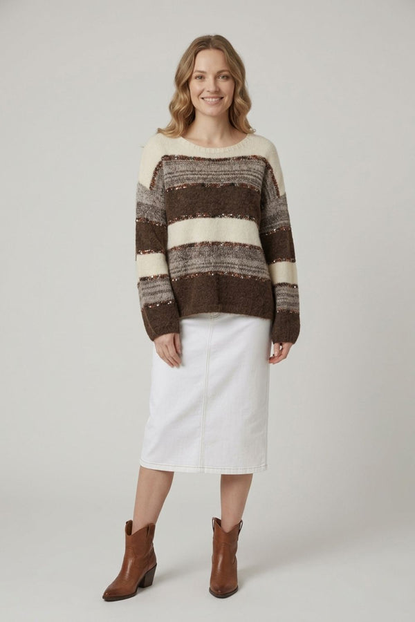 Brown | Striped Texture Drop Shoulder Jumper