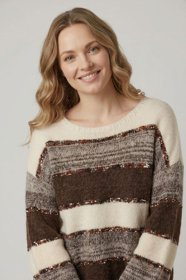 Brown | Striped Texture Drop Shoulder Jumper
