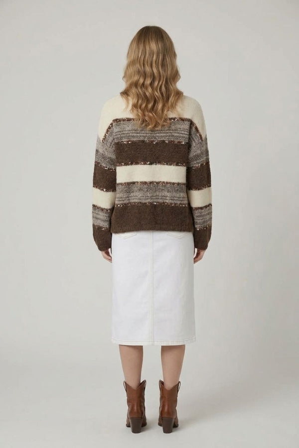 Brown | Striped Texture Drop Shoulder Jumper