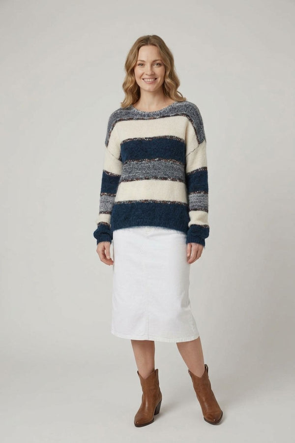 Navy | Striped Texture Drop Shoulder Jumper